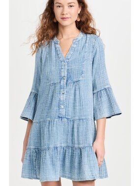 NWT Faherty Kasey Organic Cotton Gauze Tiered Dress Light Indigo Wash XS